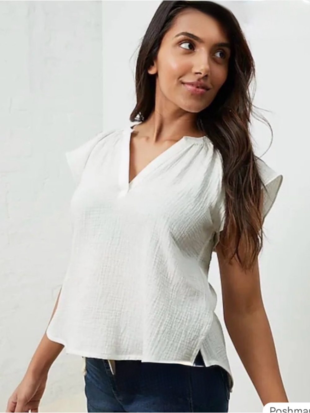 UpWest Olive Green Gauze V-Neck Cap Sleeve Top